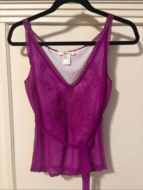 Fuscia Purple Embroidered Sheer Lace-Trim Belted Cami